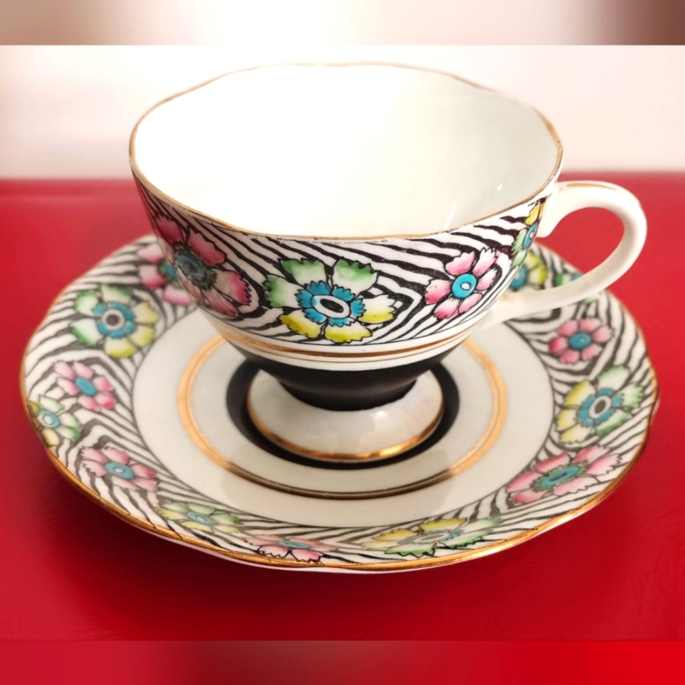 GLADSTONE BONE CHINA TEACUP AND SAUCER BLACK WITH MULTI COLOR FLOWERS